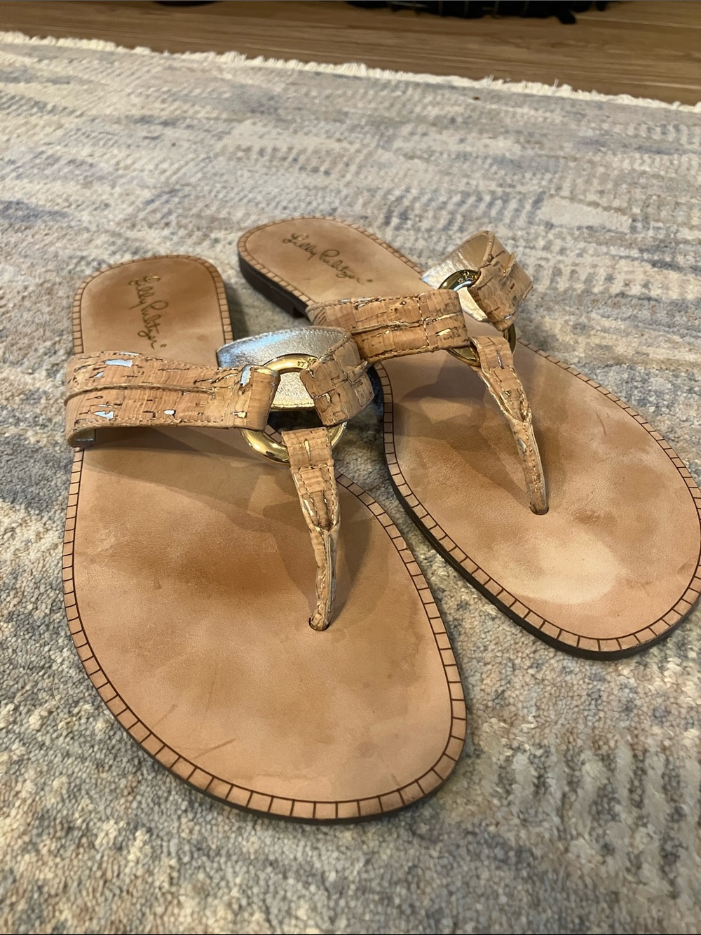 Lilly Pulitzer Tan Cork-Textured Thong Sandals with Gold Ring